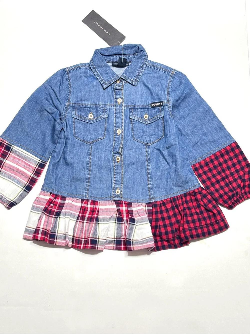 NEW Tommy Hilfiger Girls' Denim & Plaid Peplum Jacket Blue/Red Leggings Set 3T
